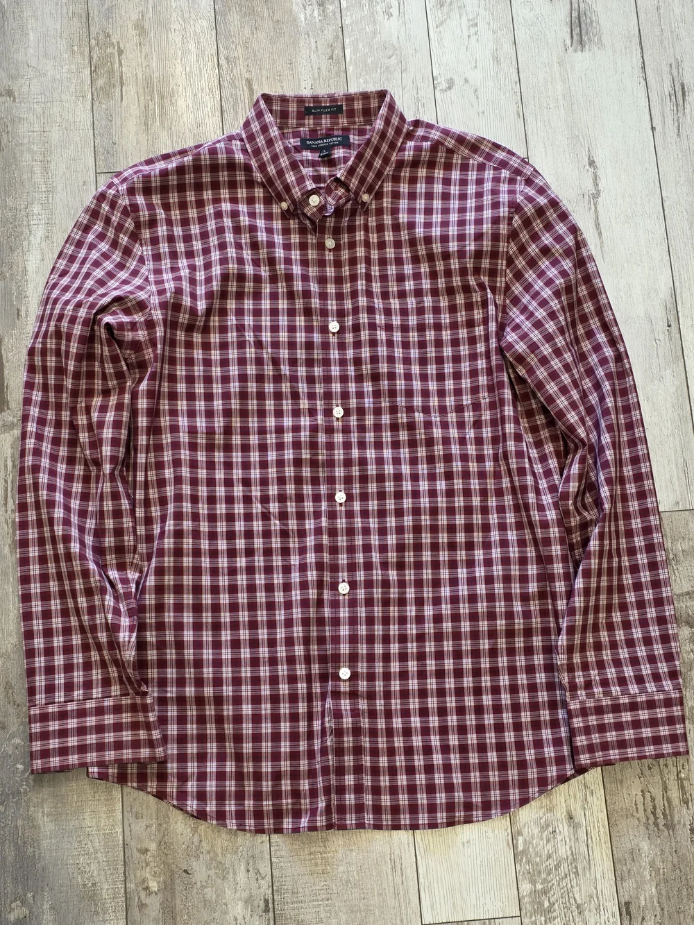 (L) Men's Banana Republic Casual Button Up Shirt Red Plaid Cotton Slim Flex Fit